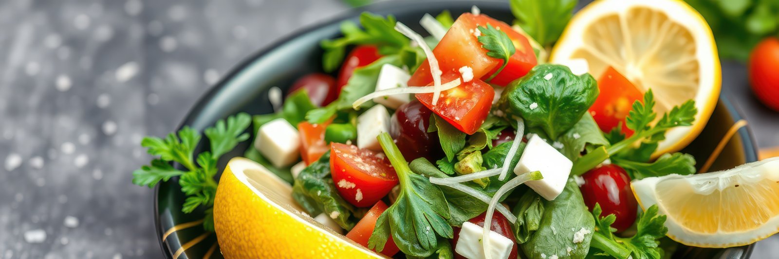 Fresh garden salad with colorful vegetables and citrus garnish in a rustic bowl